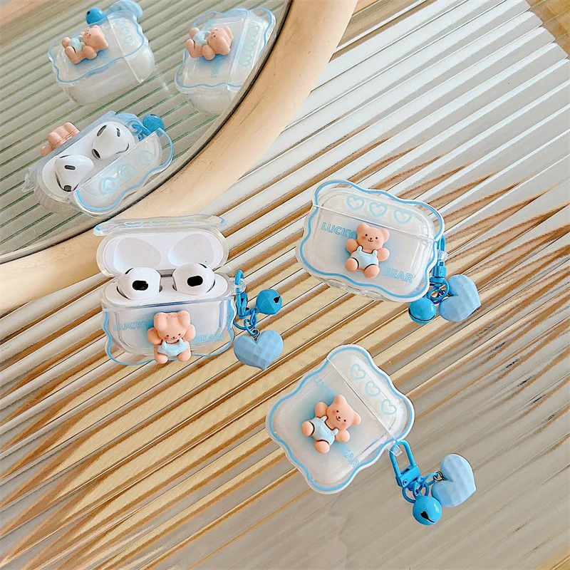 

Wave 3D Bear Bell Pendant Case for AirPods 1 2 3 Pro Case Cover Bluetooth Earbuds Charging Box Protective Cases for Air Pods