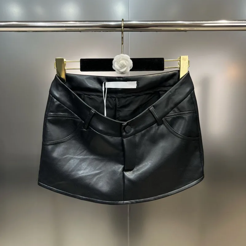 

BORVEMAYS 2023 Autumn New High Waist Solid Color Pockets Simple All-match Black Slim PU Leather Skirts Women WZ5153