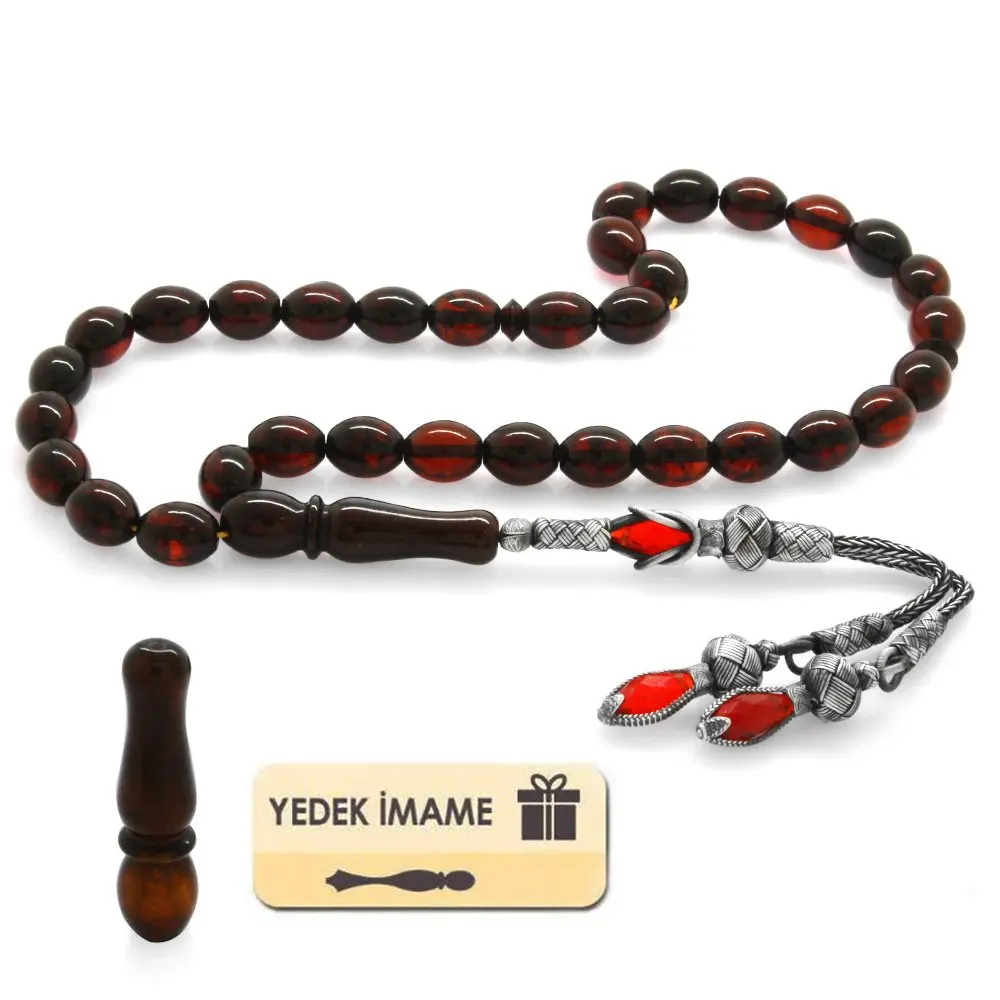 Nipora 1000 Sterling Silver Kazaz Tasseled Barley Cut Red Drop Amber Rosary