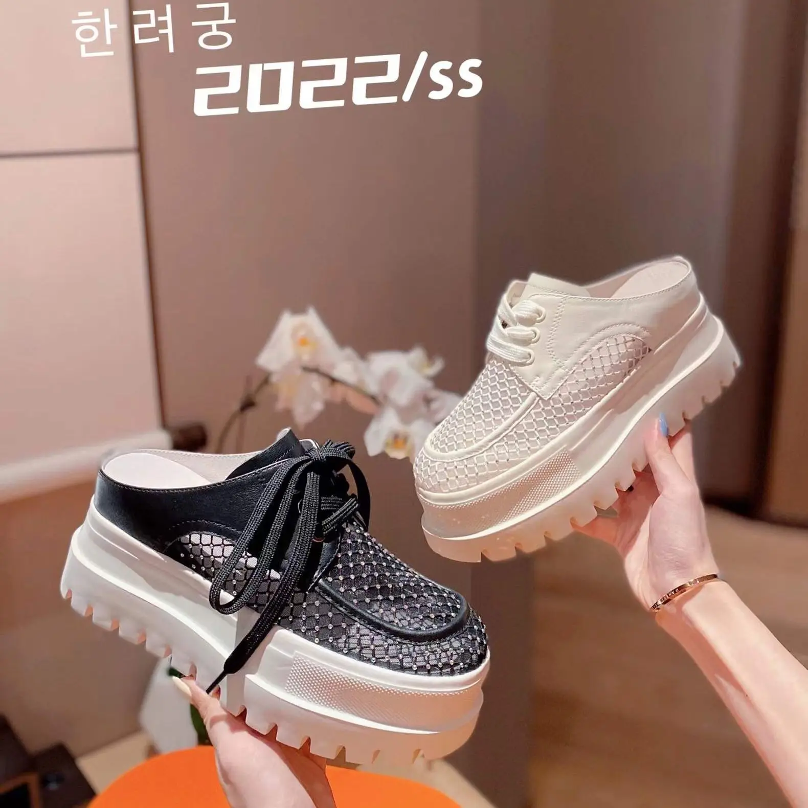 

Women Summer Mesh Causal Shoes Luxury Loafers Schoolgirl High Platform Heels Crystal Internal Height Sandals Outdoor Slippers
