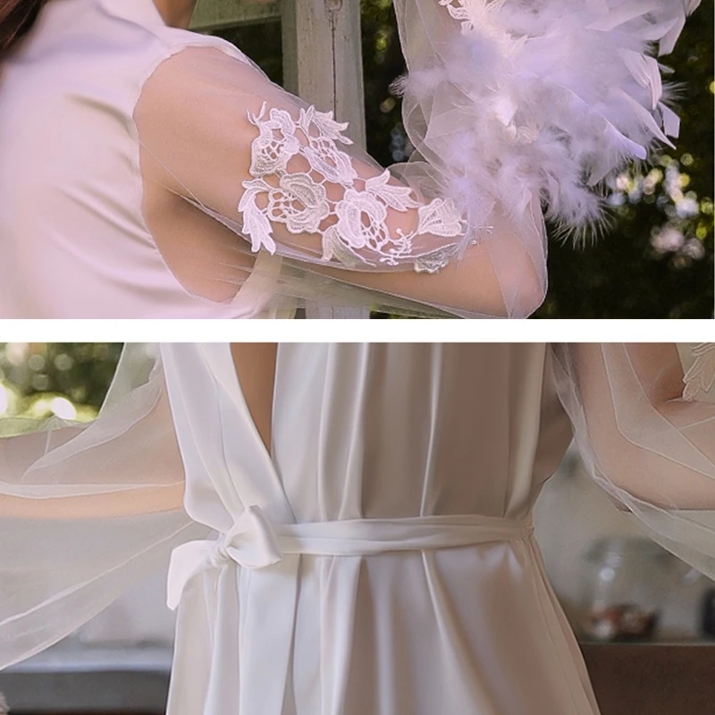Embroidery Flower Robe Satin Women Sleepwear With Lace Sleeve&Feather Sexy Patchwork Bathrobe Kimono Wedding Gown Long Lingerie