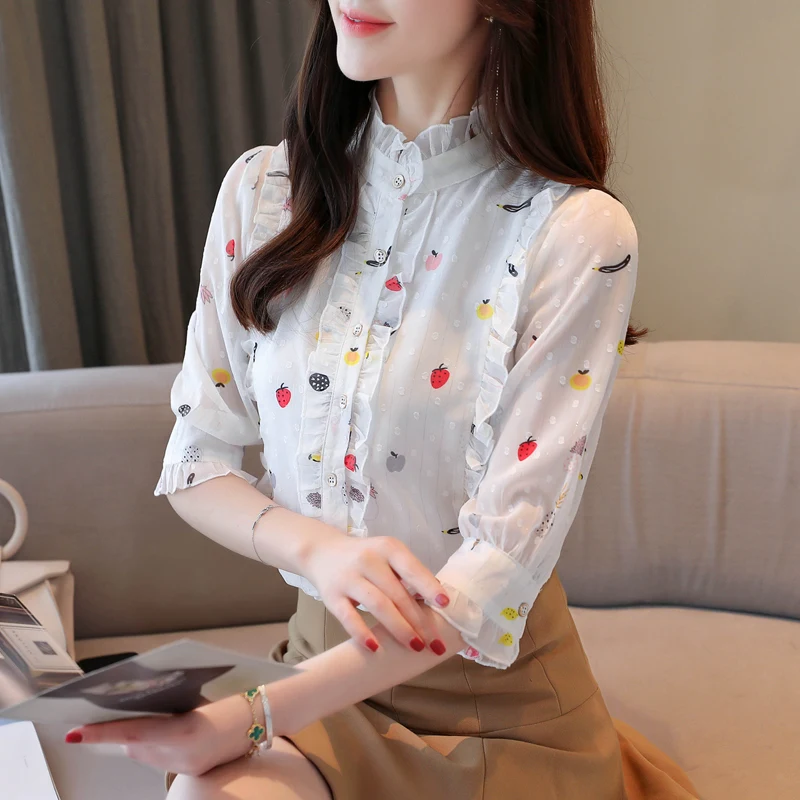 

Chiffon Slim Fit Women's Blouses New Casual Fashion Short Sleeve Top Printing Ruffle Shirt Summer Korean Style Female Clothing