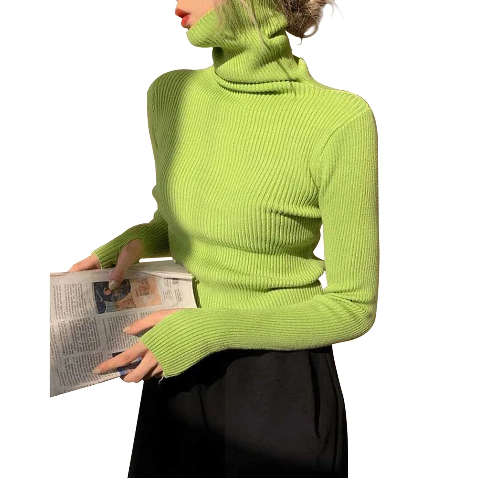 

Women Ribbed Knit Sweater Top Green Long Sleeve Mock Neck Korean Solid Knitwear Autumn Vintage Y2k Bottoming Pullover Sueter