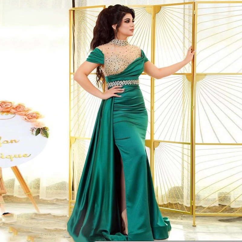 

Арабское вечернее платье с высокой горловиной, украшенное бусинами, с коротким рукавом, атласное, официальное, свадебное, вечернее платье Дубая, вечернее платье