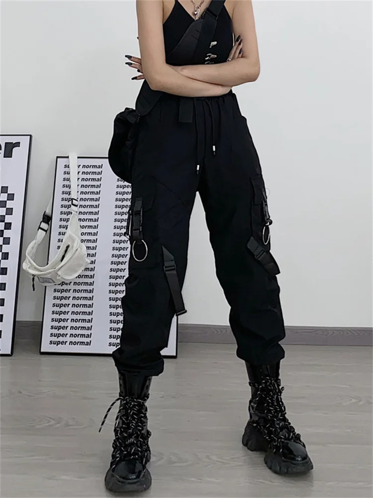 QWEEK Gothic Punk Black Cargo Pants Women Pockets Hippie Streetwear Joggers Harajuku Techwear Oversize Trousers For Female