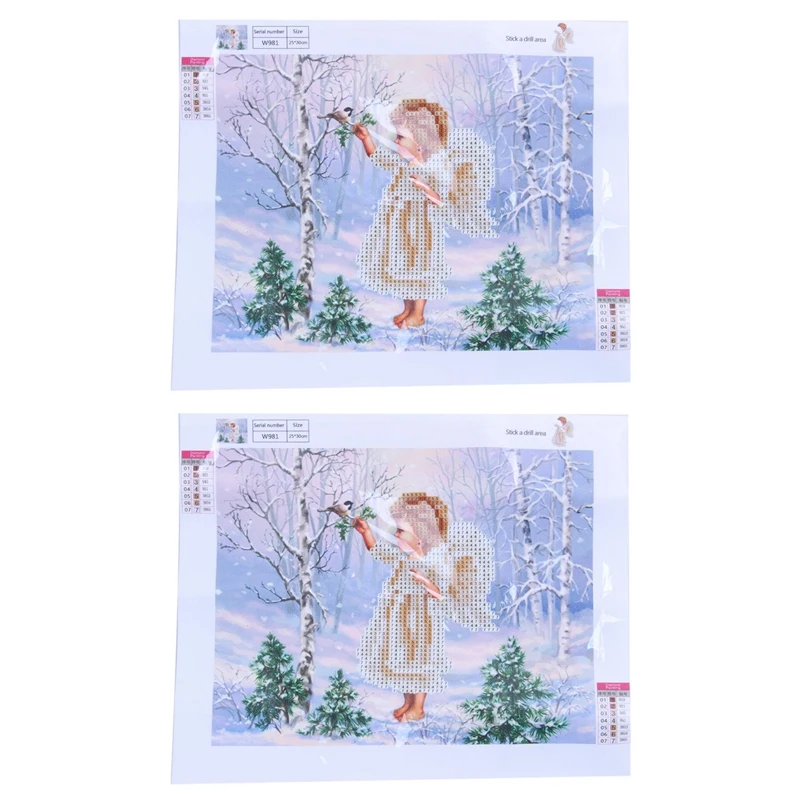 

2X DIY 5D Diamond Painting Embroidery Snow Angel Feeding Birds Cross Stitch Tools Set Tool Decoration