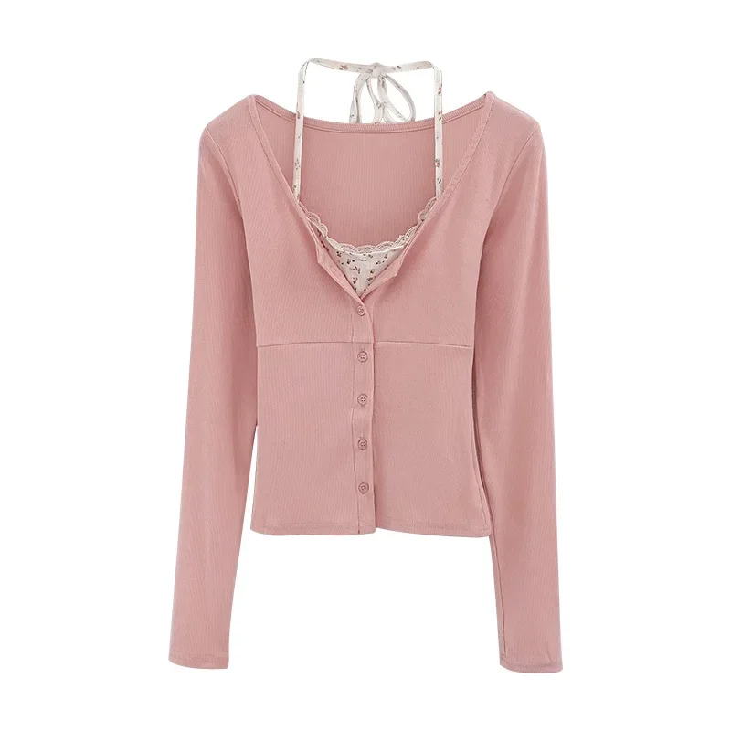 Элегантная двухсекционная футболка с кружевной отделкой и иллюзией женская