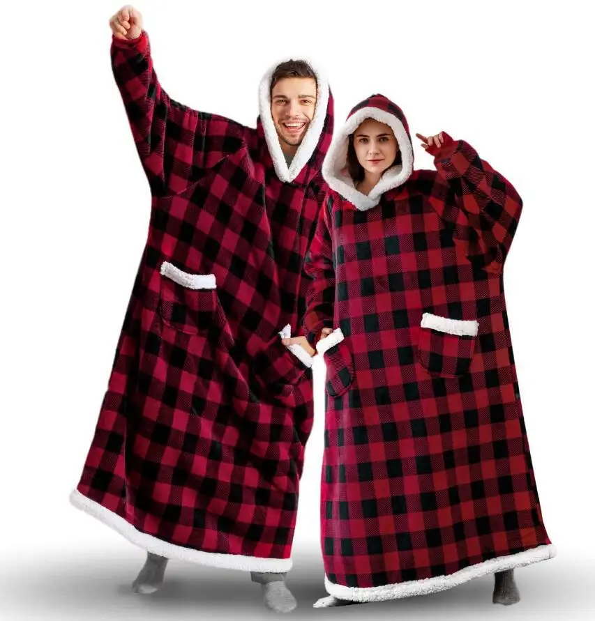 

Long Winter Blanket With Sleeves Plush Fleece Wearable Sofa Hooded Blanket Adult Soft Warm Flannel Weighted TV Blankets Hoodie
