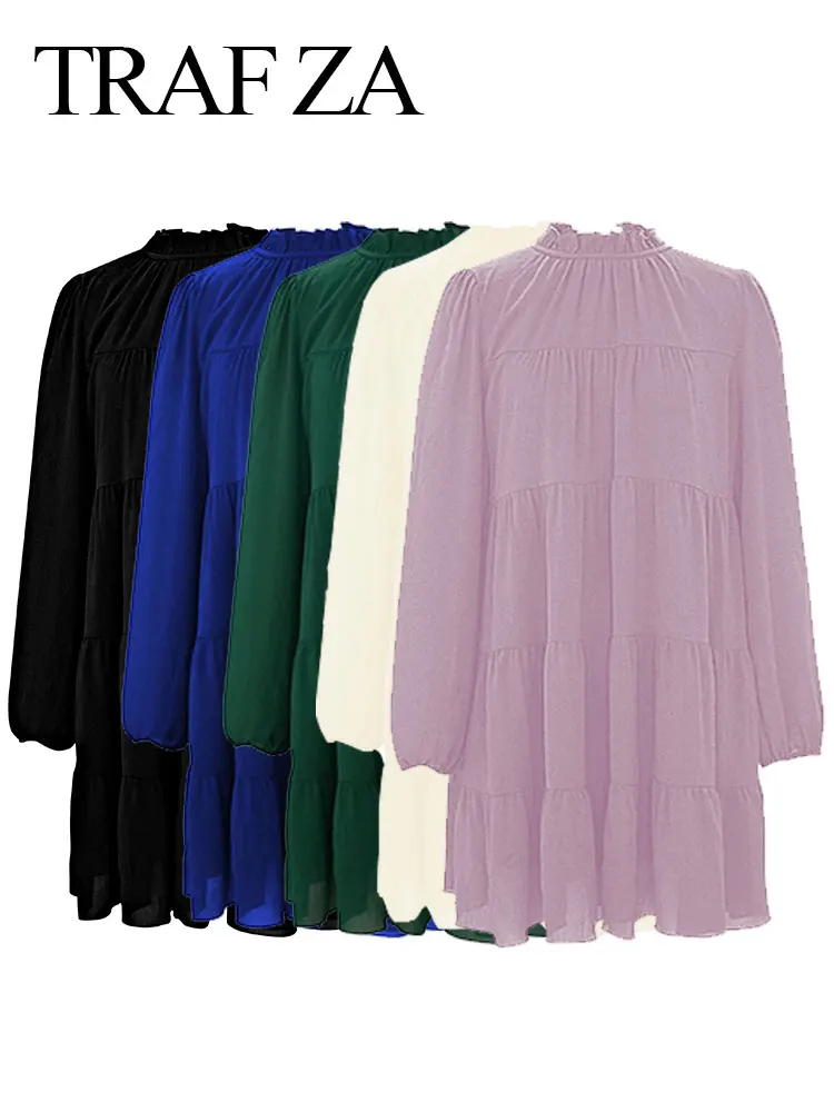 

TRAFZA Women's Fashion Ruffle Long Sleeve Turtleneck Dress Elegant Solid Color A Line Casual Loose Dresses Female Streetwear