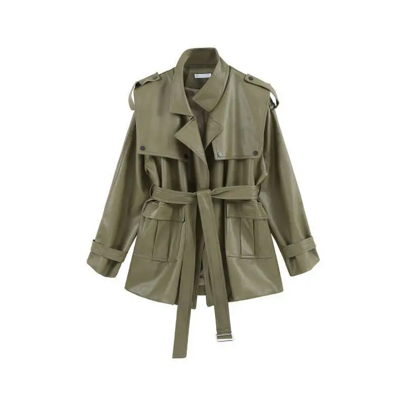 Spring Women's Leather Coat Women's 2022 Design Sense Lace-up Waist Loose Coat Light Green Basic Leather Clothes for Lady