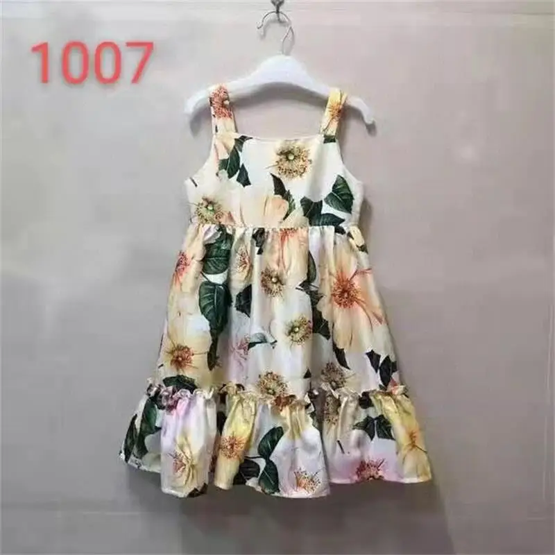 

1007 Top Brand Summer Sleeveless Girls yellow Sling Flower Cotton Dress 2-12Y