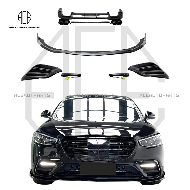 

S450 S500 W223 B Style Black Front Rear Diffuser Exhaust Pipe Spoiler Bodykit For Benz S Class 2021-2022 PP & Carbon Fiber
