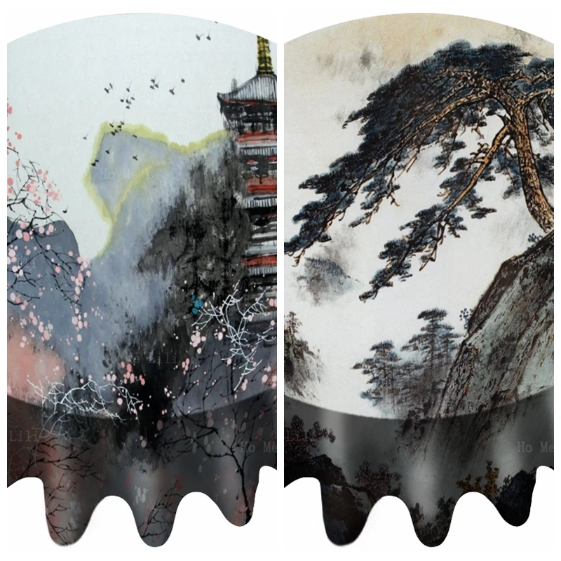 

Ancient Chinese Ink Landscape Cherry Blossoms Pagoda Mountain Pine Tree Nature Round Tablecloth By Ho Me Lili For Tabletop Decor