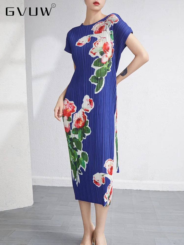 

GVUW Pleated Dress Women O-neck Pullover 2023 Spring Lace-up Loose Waist Female Mid-length Print Fashion Clothing Casual 17G0660