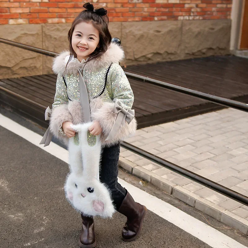 Зимнее пальто для девочек модное плюшевое из искусственного меха с кроличьими