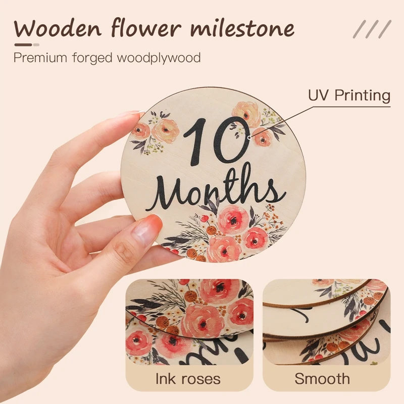 1Set Wooden Baby Milestone Cards Double Sided Flowers Monthly Milestone Cards Pregnancy Markers Newborn Photography Props