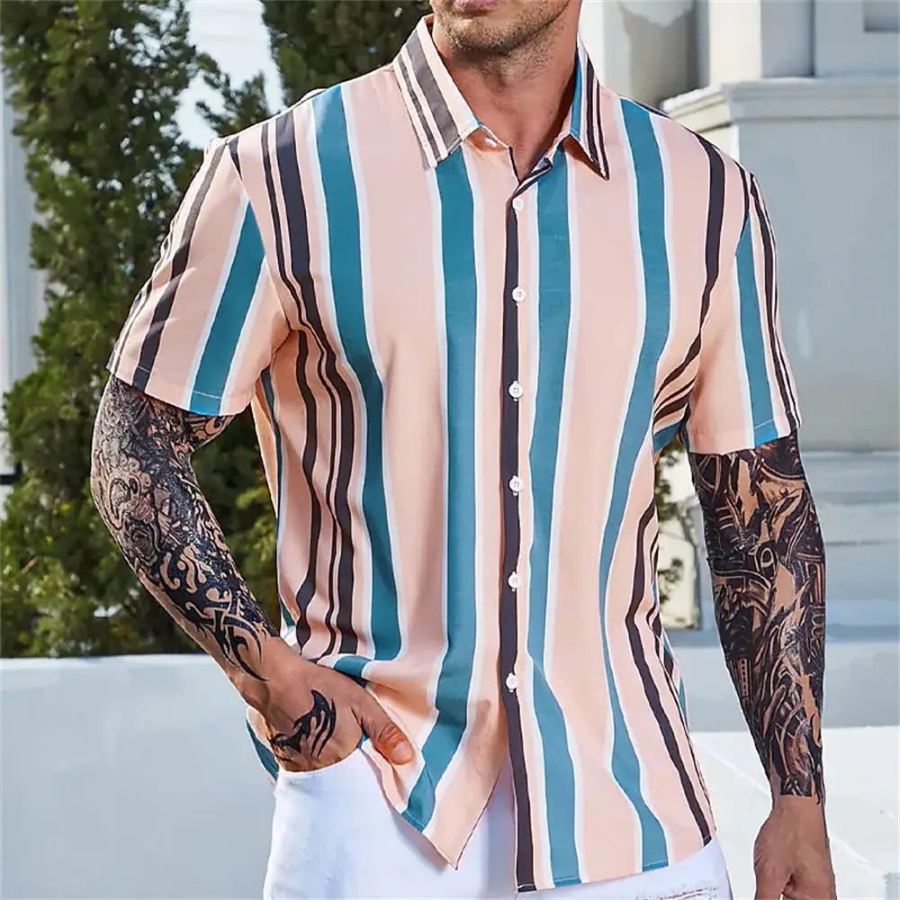 

Men Shirt Stripes Pattern All-match Shirt Top Tee Turn-down Collar T-Shirt for Men Sleeve Casual Shirts Male Blouse 2023