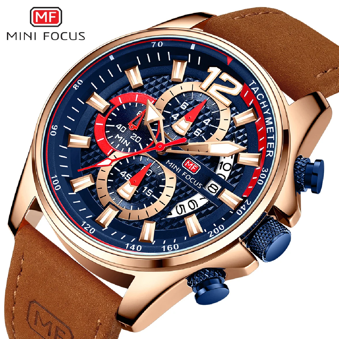 

MINIFOCUS Chronograph Watch for Men Fashion Sports Quartz Watches Men's Brown Leather Strap Waterproof 3 Sub-dial 6 Hands Clock