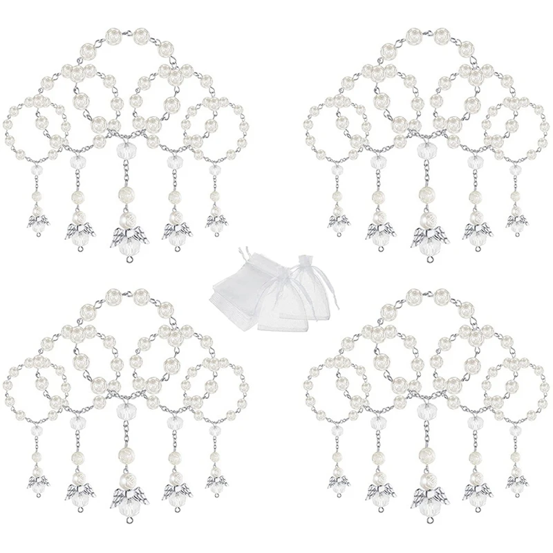 

20 Pcs Baptism Acrylic Rosary Beads Mini Rosaries Angel With Organza Bags For The First Communion Baptism Party Favors