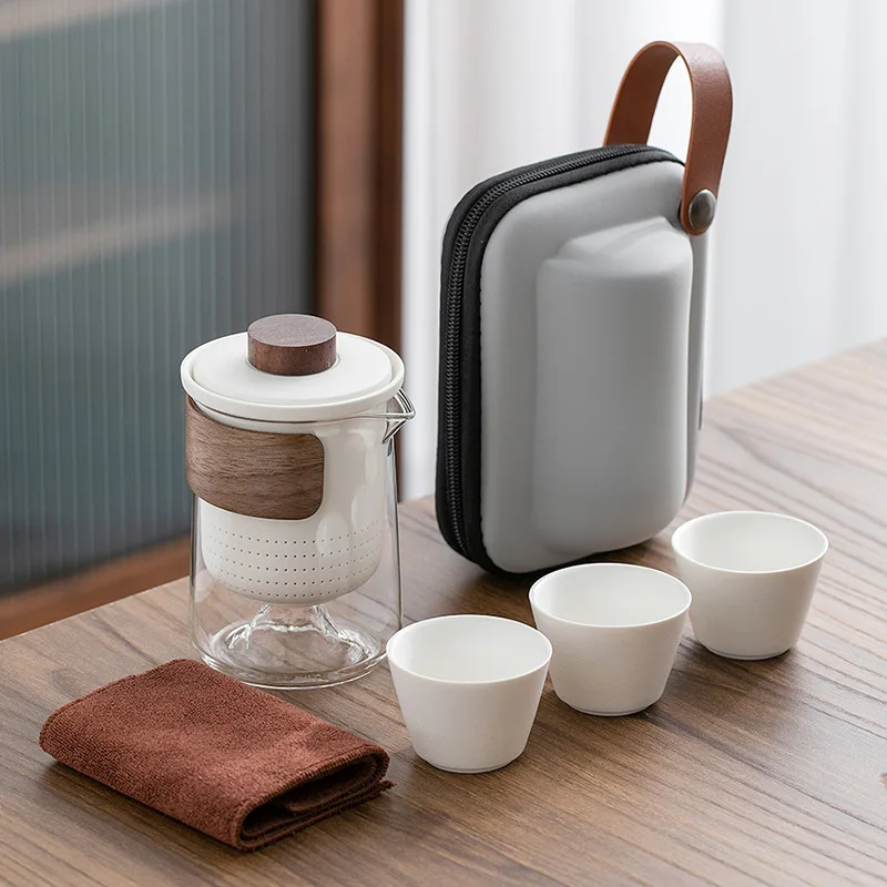 Set Carrying Bag Kung Fu Tea Cup Glass 1 Pot 3 Ceramic Cup O