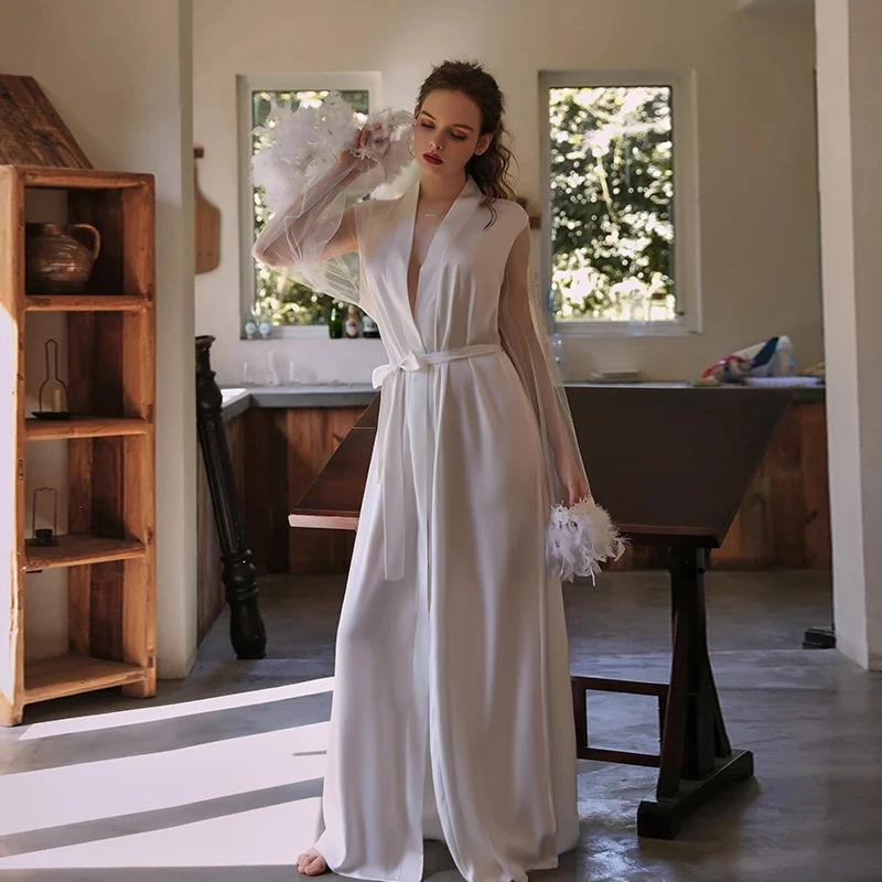 Embroidery Flower Robe Satin Women Sleepwear With Lace Sleeve&Feather Sexy Patchwork Bathrobe Kimono Wedding Gown Long Lingerie