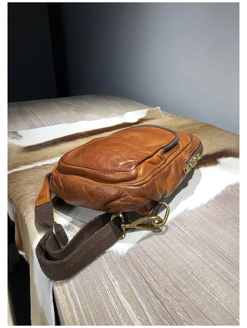 Vintage luxury natural genuine leather men's chest bag casual sports crossbody bag outdoor first layer cowhide shoulder bag