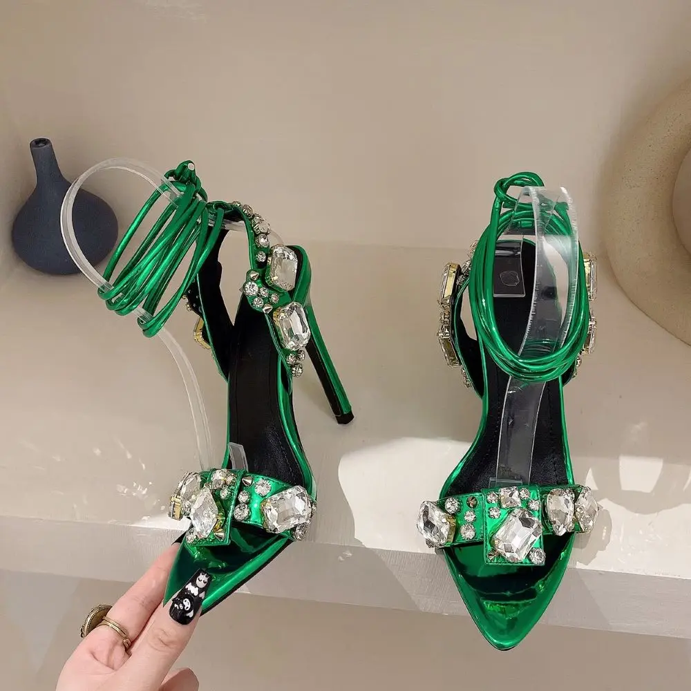 Xibeilove 2023 Summer Women's Sexy Luxury Pointed Rhinestone Strap Green Sandals Party Club High Heels Wedding Bridal Shoes