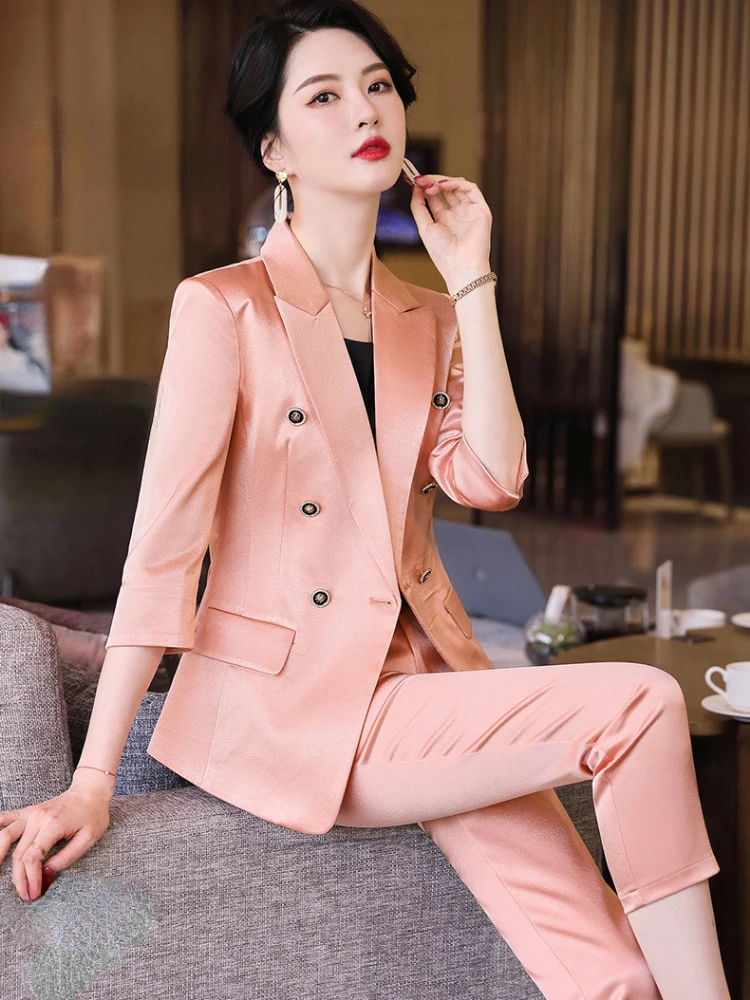 

High Quality Fashion Plaid Women's Professional Wear Office Suit Pants 2 Piece Set 2022 New Summer Slim Fit Female Blazer Jacket