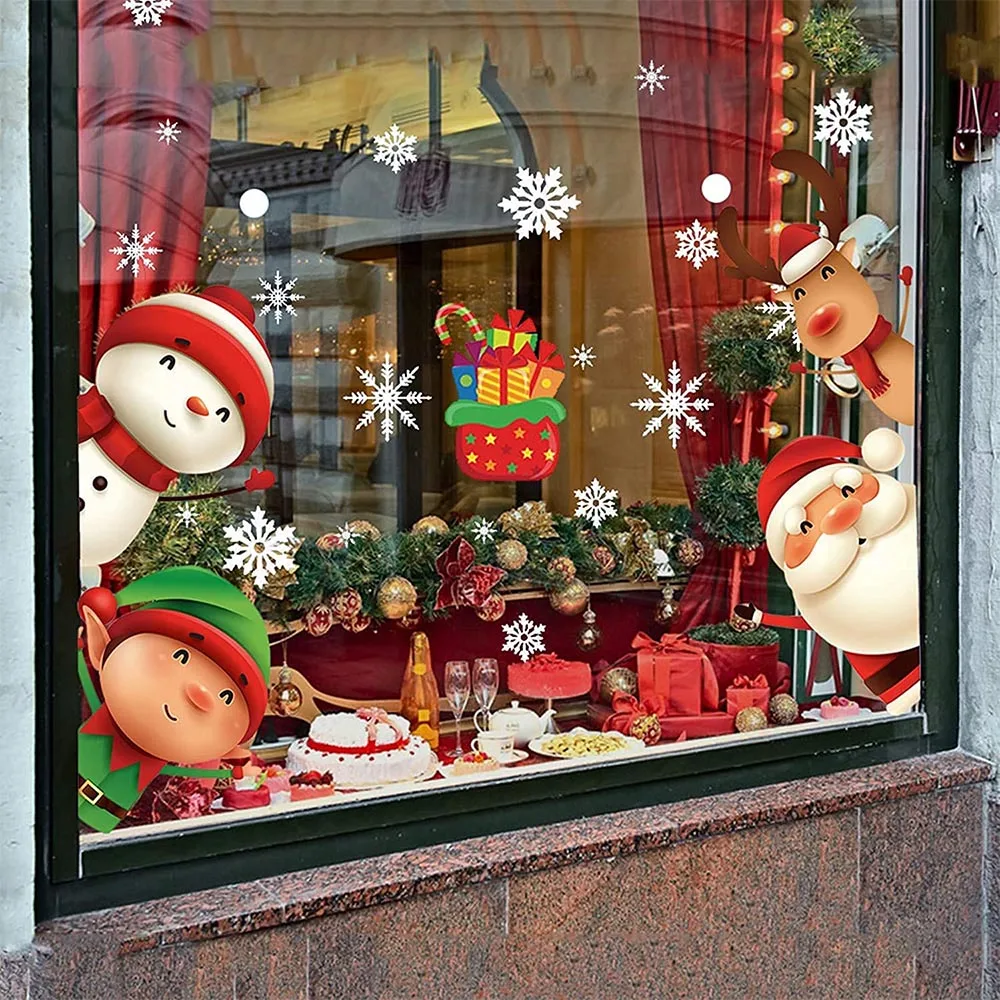 2 גיליון חג המולד Snowflake חלון נצמד מדבקות זכוכית חג המולד מדבקות Decortion חדש שנה פתית שלג סנטה קלאוס איילים דקור