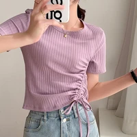100 cotton shirring chic tees tops taro purple white short sleeve t shirt women summer 2022 new drawstring short tshirt women