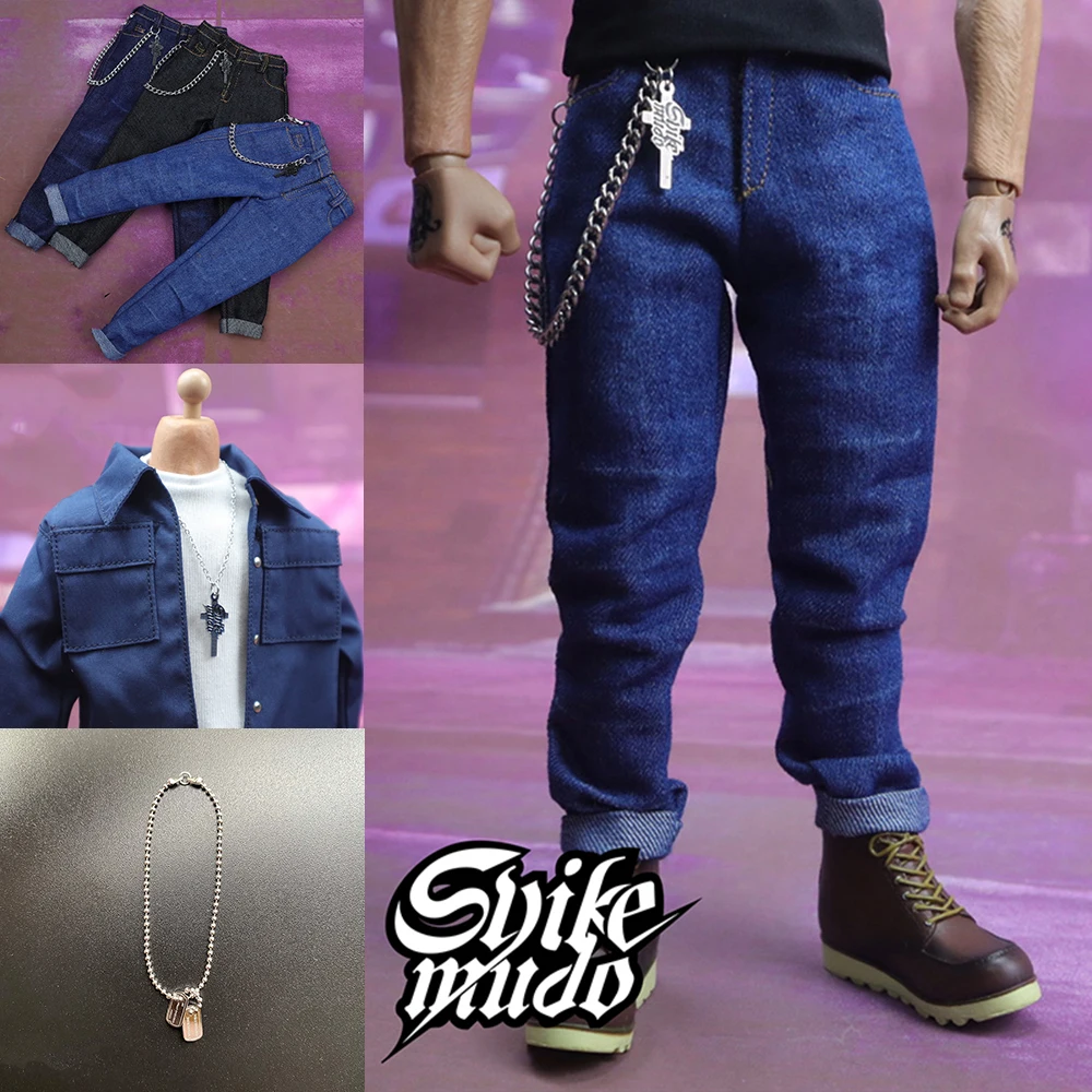 

1/6 Scale Male Soldier Fashion Classic Denim Trousers Casual Jeans Pants with Chain Accessory for 12 inches Action Figure