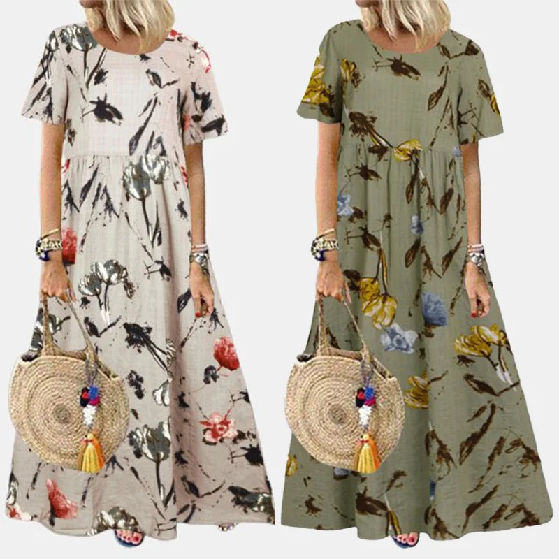 

Plus Size Women's Fashion Maxi Dress Women's Printed Sundress Casual Short Sleeve Vestidos Female High Waist Long Dress