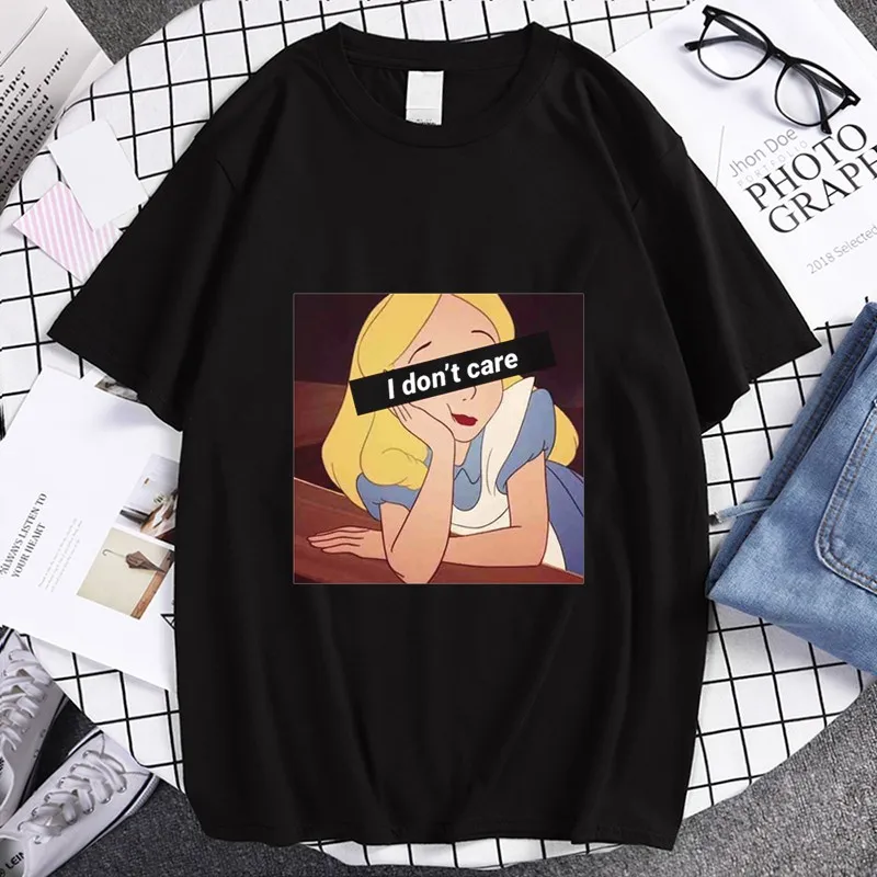 

Spoof Princess I DON'T CARE Ariel Alice T-shirts Women Black Tops Ladies Casual Blouse Women Korean Style Harajuku Men T Shirt