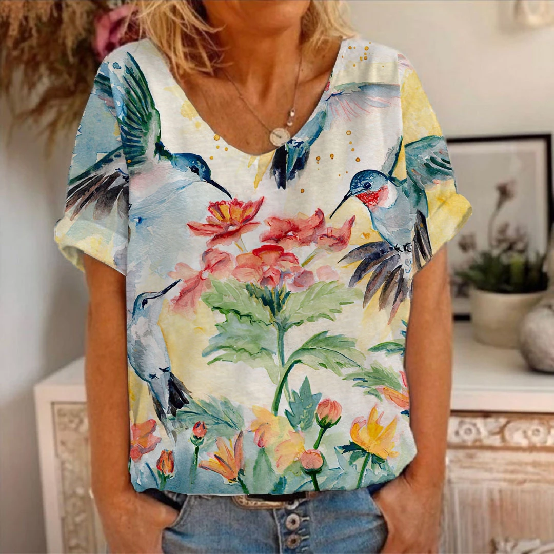 

Модный женский топ с коротким рукавом 2022, летняя женская футболка с красочным цветочным и милым принтом птиц, сексуальная свободная женская футболка с V-образным вырезом