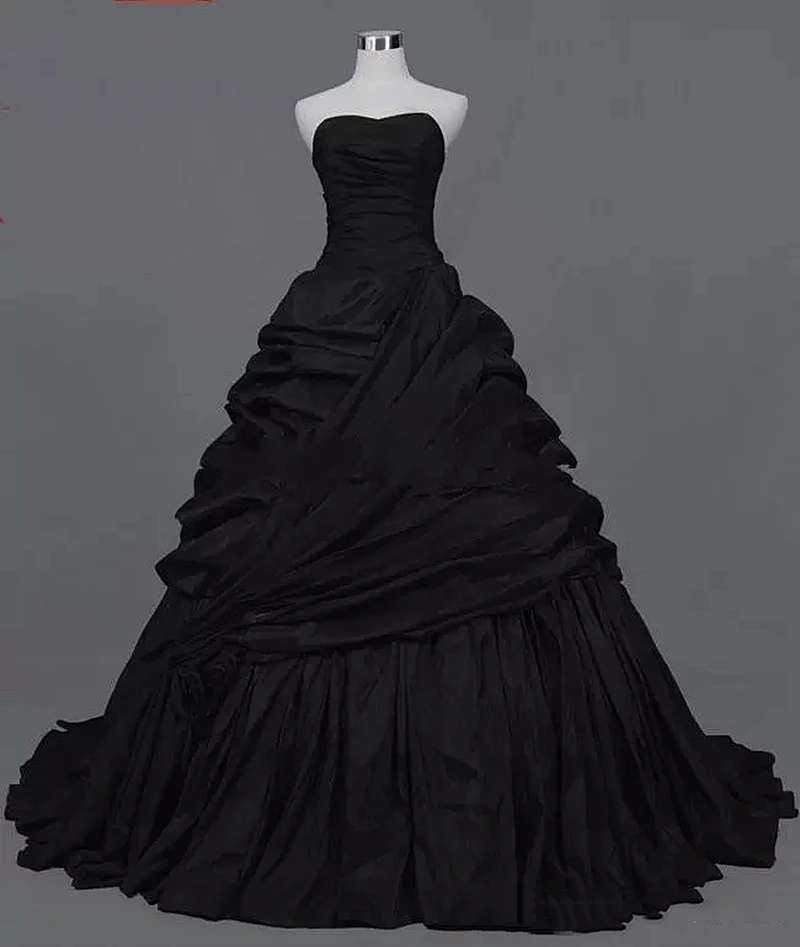 

Vintage Victorian Black Wedding Dresses Gothic Style Sweetheart Corset Back Lace-Up Taffeta Sleeveless Ruched Bridal Gown Custom