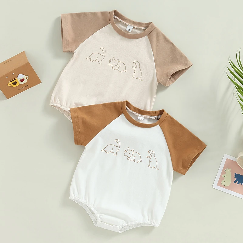 

2022-12-05 Lioraitiin 0-24M Baby Boys Summer Bodysuit Short Sleeve Dinosaur Print Contrast Color Playsuit