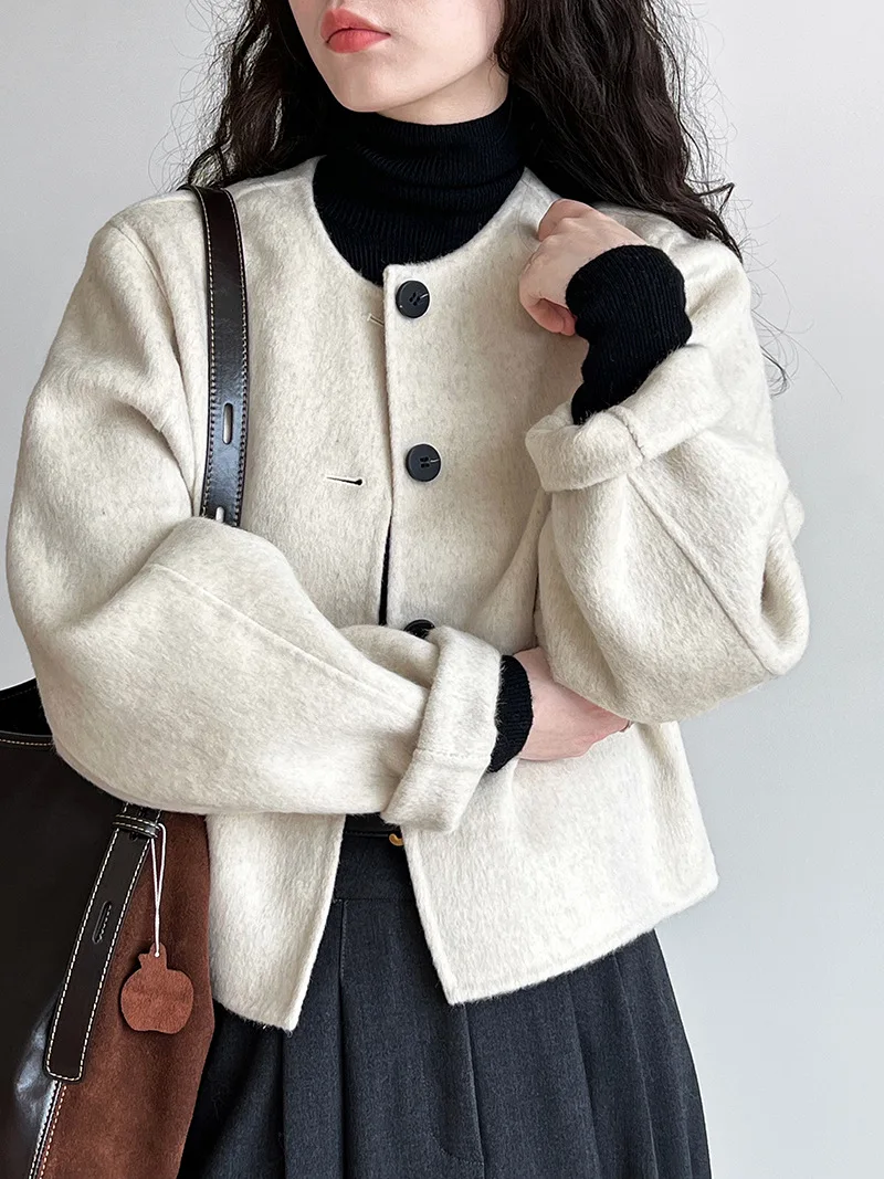 

Высококачественное однобортное зимнее короткое двустороннее шерстяное пальто из 70%-ной шерсти Женская Корейская шикарная Минималистичная верхняя одежда с круглым вырезом