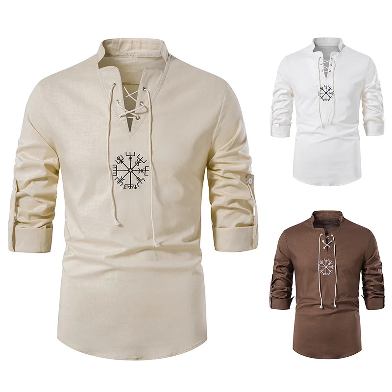 

Plus Size Shirts Men Ancient Viking Embroidery Lace Up V Neck Long Sleeve Shirt Cotton Linen Solid Slim Fit Casual Top Summer