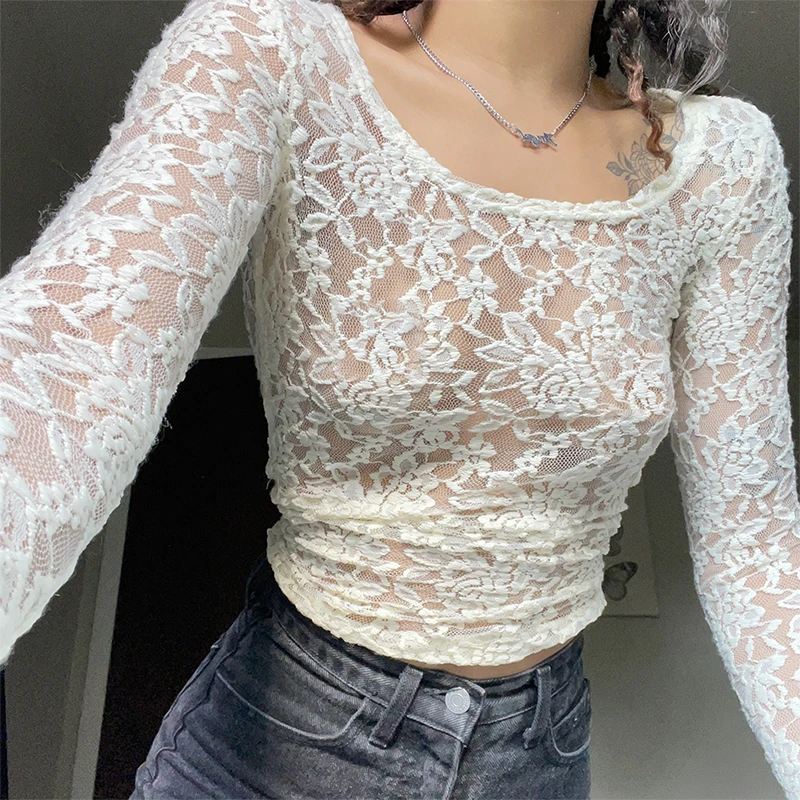 

Женские винтажные футболки Феи гранж кавайные кружевные сетчатые Прозрачные топы Y2K эстетические белые футболки с длинным рукавом 2022