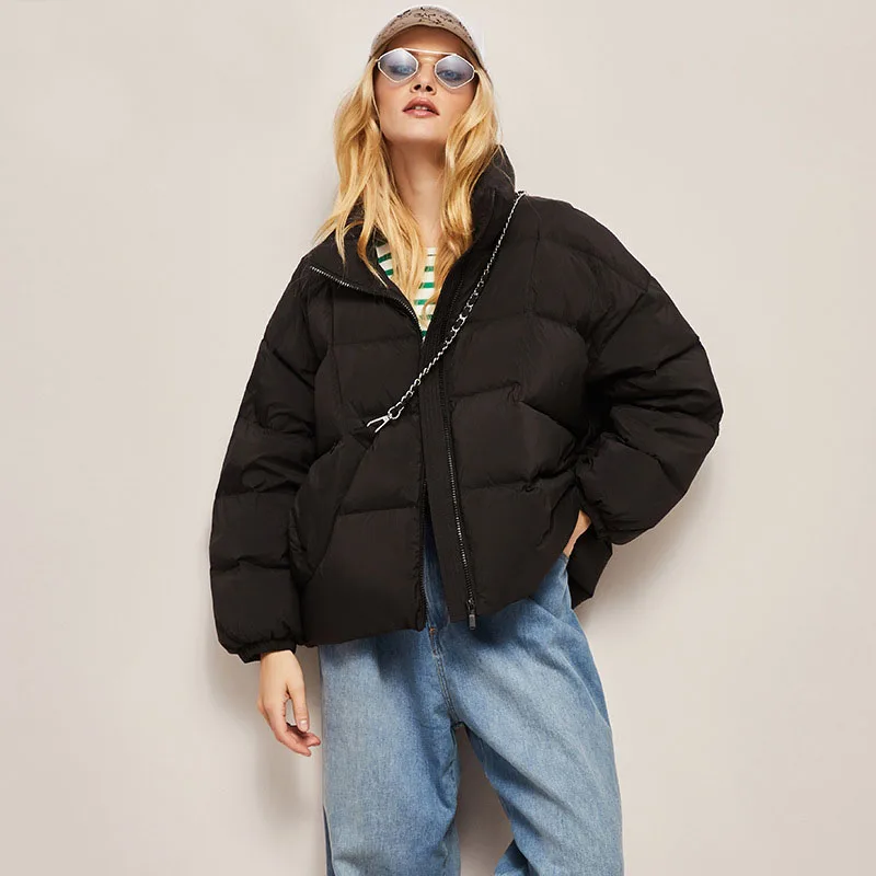 Short Down Jacket Women Winter Loose Basic Metal Chain All-match Girl Jackets Cold Resistance Durable White Duck Bread Soft Coat