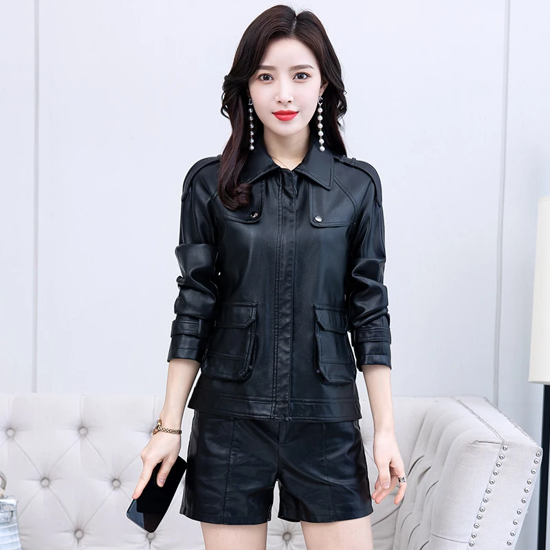 KoHuiJoo Faux Leather Jackets Women Plus Size Korean Elegant  Fashion Long Sleeve Slim Short Leather Jacket Formal PU Coat M-6XL