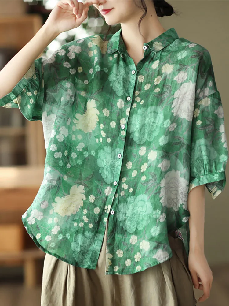 

2022 New Spring Summer Retro Digital Floral Printed Cotton Linen Shirt Casual Womens Lapel Shirts Literary Loose Top Green Blue