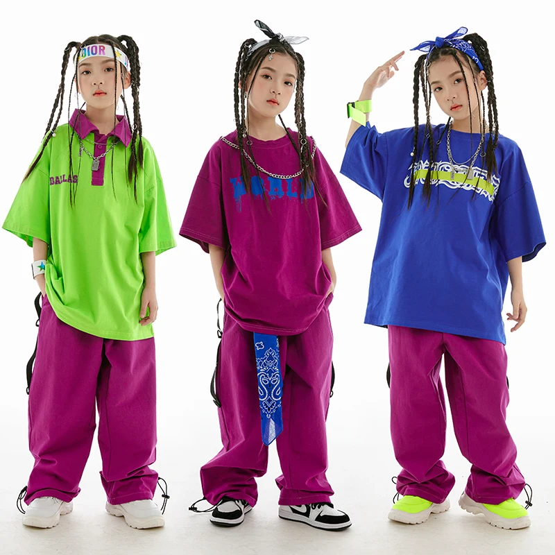 

Детская футболка для уличного танца, свободная хлопковая футболка для подростков, мешковатые брюки, костюм для джазовых танцев и представлений для девочек, сценическая одежда