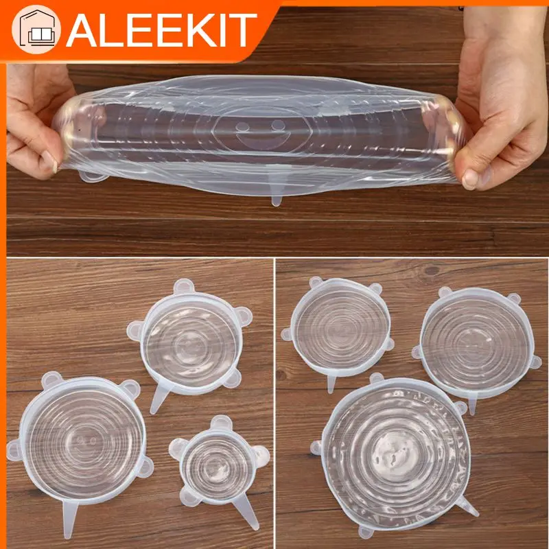 

6p / set Reusable Silicone Food Transparent Film Vacuum Seal Cover Kitchen Organization Food Preservation Fresh Sealed Lids