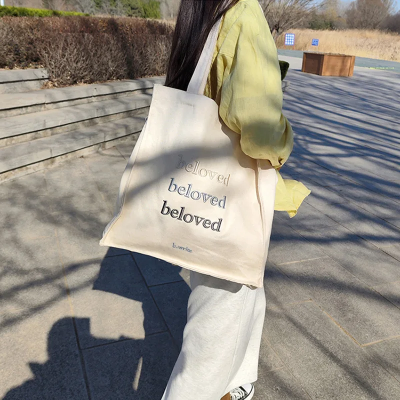 

Women Canvas Shoulder Bag Beloved Embroidery Daily Shopping Bags Students Books Bag Thick Cotton Cloth Handbags Tote For Girls