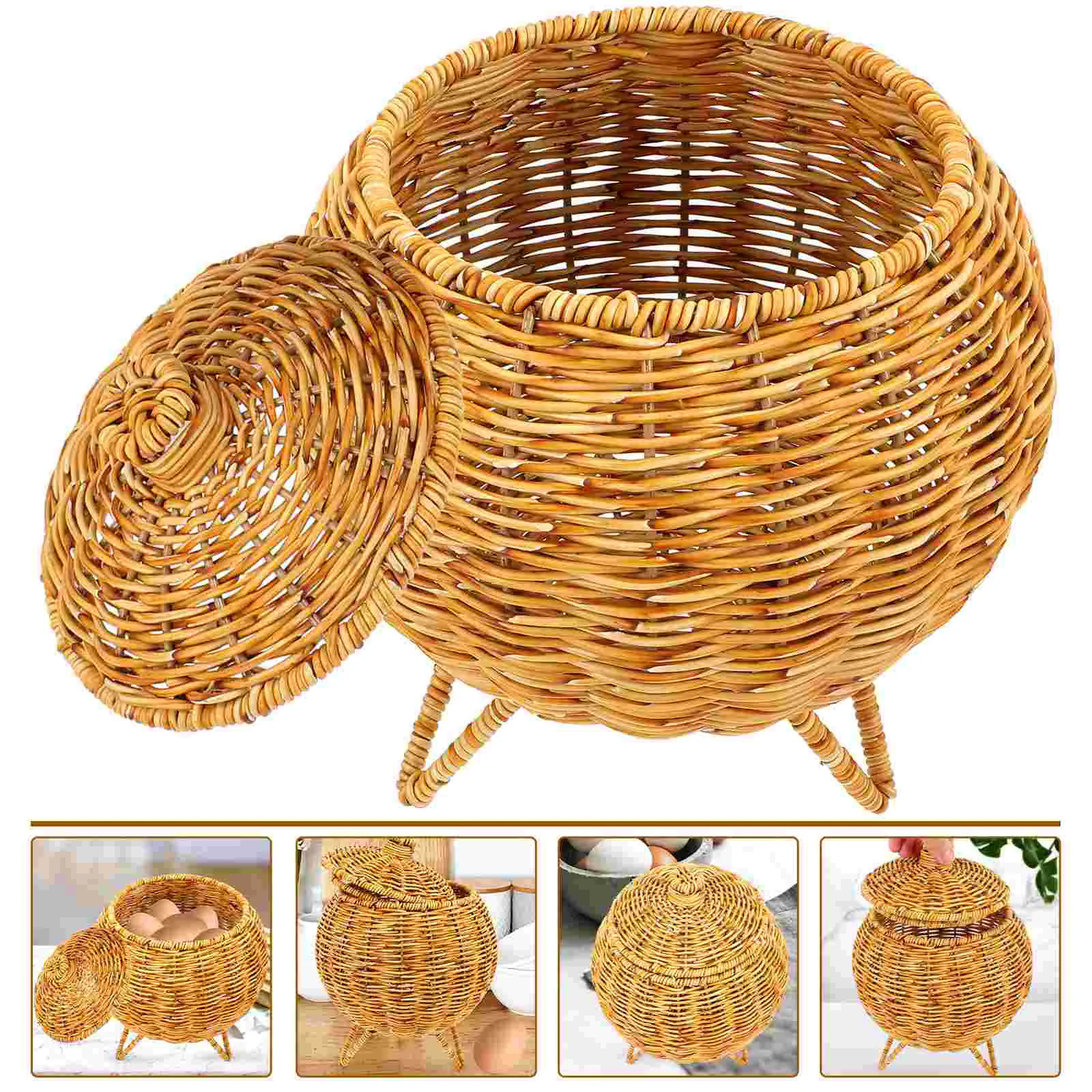 

Basket Egg Storage Holder Lid Baskets Rattan Fruit Desktop Wicker Woven Weaving Container Retro Boxes Eggs Handwoven Organizer