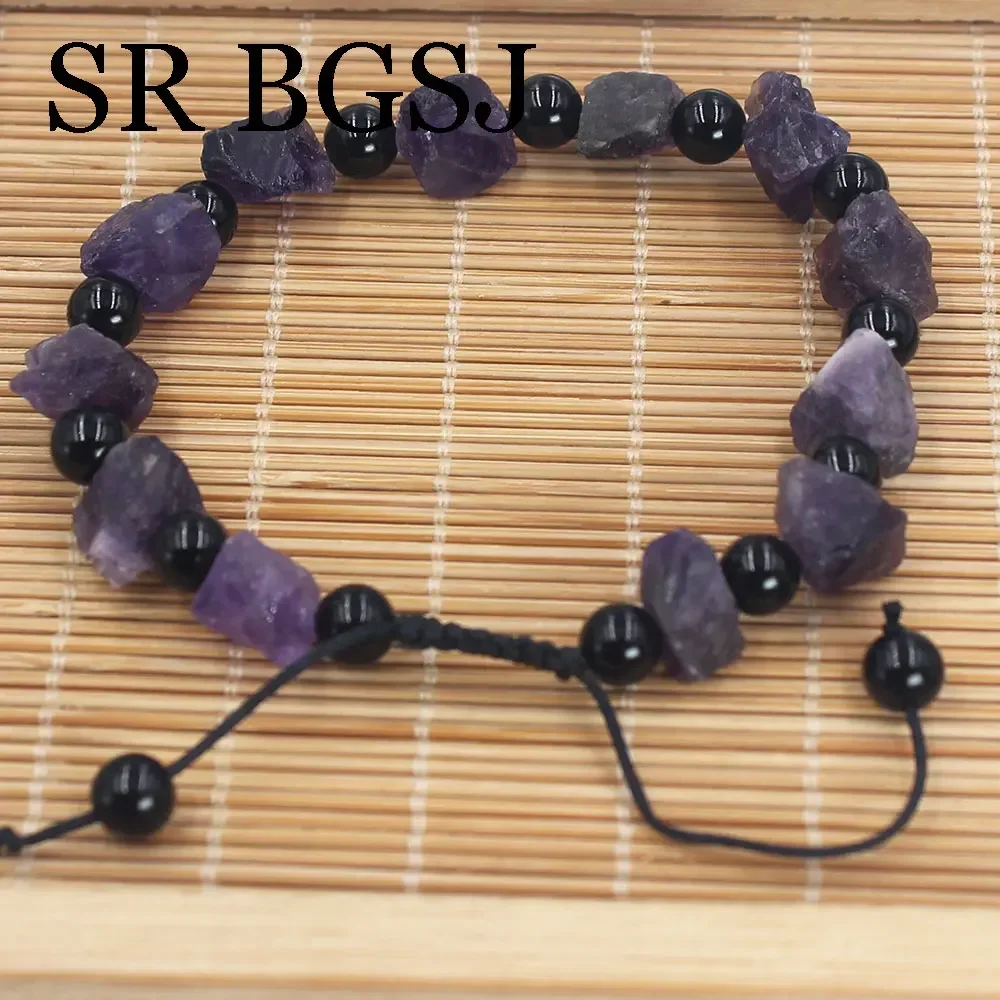 7-8 дюймов 10-11 мм вязаный натуральный необработанный аметист 6 черный обсидиан