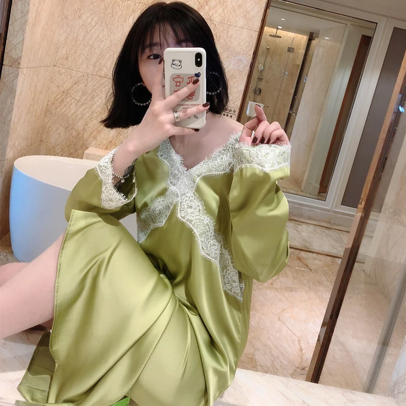 Spring Satin Nightdress Women Lace Faux Silk Long Sleeve V-Neck Sleepshirt French Court Style Nightgowns Sexy Home Dressing Gown
