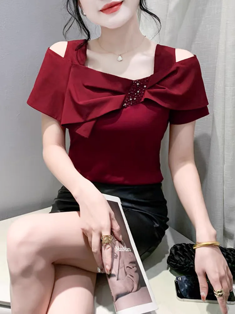 Женская хлопковая Футболка с бантом летний топ открытыми плечами и вырезом
