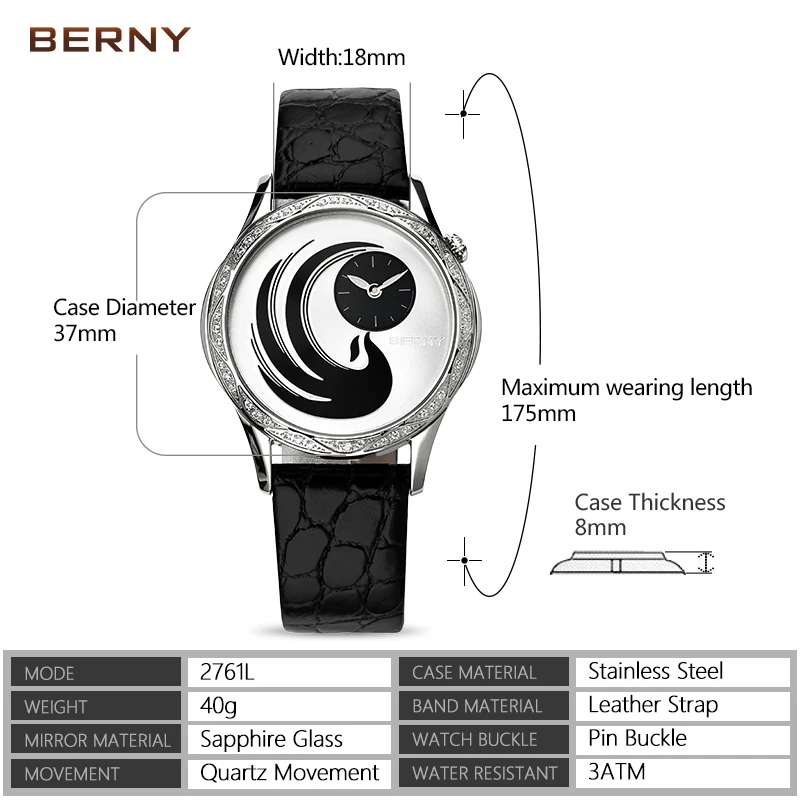 BERNY Women Quartz Japan Miyota Watch Phoenix Clock Top Brand Luxury Diamond Leather Strap Waterproof Ladies Fashion Wristwatch